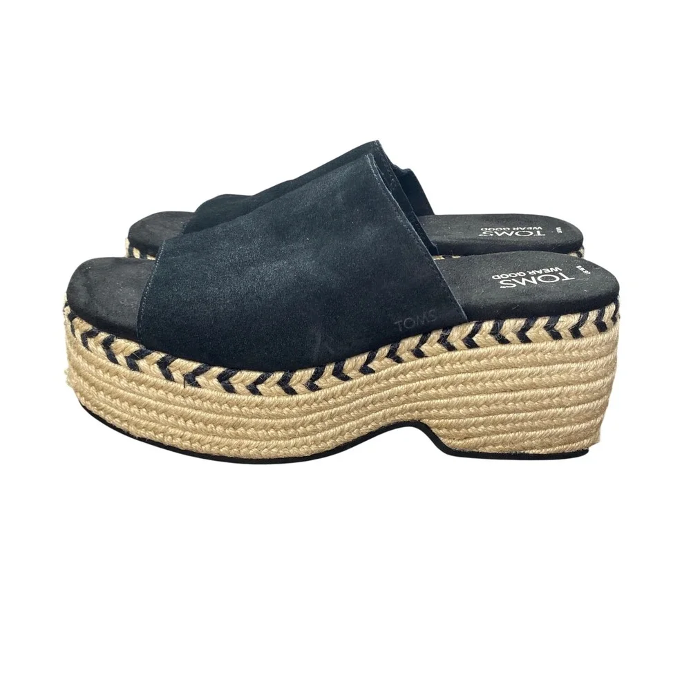 TOMS Black Suede Espadrille Platform Slide Sandals Women US 8 Chevron‎ Trim